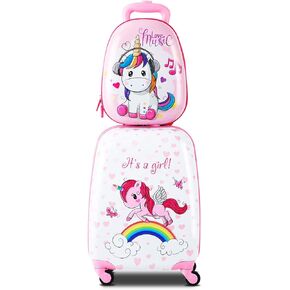 HONEY JOY Kids Luggage, 12" Toddler Backpack & 16" Travel Suitcase with Wheels, Lightweight Toddler Girls Suitcase, Durable ABS Hardshell, 2Pcs Carry On Luggage Set for Boys Girls(Unicorn)