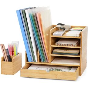 Bamboo Desk Organizer with File Holder, Wooden Desk File Organizer with Adjustable Pen Holder and Drawer, Desktop Letter Paper Tray Organizer Storage for Office Home School (Black)