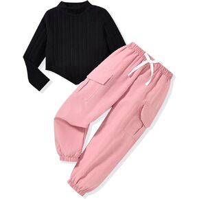 HINTINA Toddler Little Girl 2 Pieces Outfits Cargo Jogger Pants Set