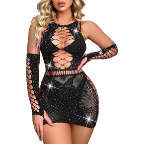 Avidlove Fishnet Lingerie Womens Mesh Chemise One Piece Babydoll Mini Dress Lace Sparkle Rhinestone Lingeries for Women