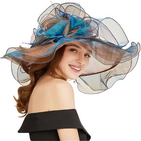 Elegant Organza Sun Hat for Women, Wide Brim Flower Church Hats Summer Beach Derby Cap for Wedding Tea Party