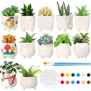 Hushee 12 Sets Ceramic Animal Succulent Planters Paintable Succulent Plant Pots Kids Small DIY Figurines Unpainted Succulent Pots with Drainage Hole, Bamboo Tray, Color Paints,Paintbrushes, Palettes