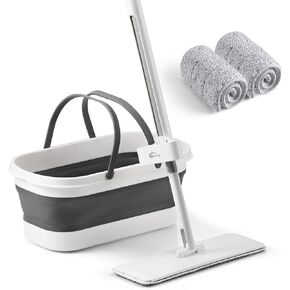 oshang Flat Mop and Bucket OG6, Hands Free Floor Flat Mop, Stainless-Steel Handle, 6 Washable & Reusable Microfiber Pads