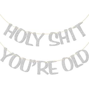 Holy Shit You're Old Banner Black Glitter for 30th 40th 50h 60th 70th 80th 90th Funny Birthday Banner Sign Bunting Party Decor Photo Booth Props (Black)