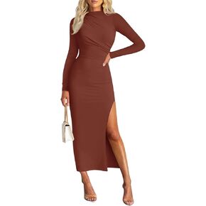 MIROL Women's 2024 Bodycon Maxi Dress Mock Neck Side Slit Fall Long Sleeve Ruched Long Dress