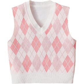 OYOANGLE Girl's Argyle Plaid V Neck Sweater Vest Sleeveless Preppy Casual Pullover Knitted Tank Tops