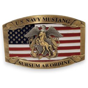 Navy Mustang Officer Custom Belt Buckle - US Military - 3D Horse Crest (Antique Brass Color), Adult