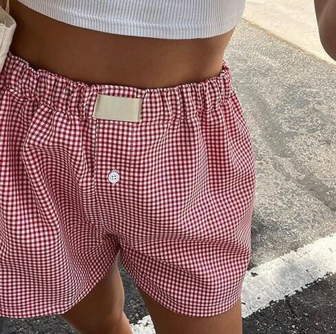 Women's Lounge Shorts Cute Soft Elastic Low Waist Plaid Print Button Front Pajama Bottoms Boxer Shorts Sleepwear in Saudi Arabia