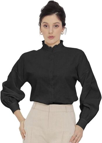 بلوزة كتان نسائية بأكمام طويلة من wearVAST، قميص كتان برقبة مكشكشة وأكمام طويلة in Kuwait