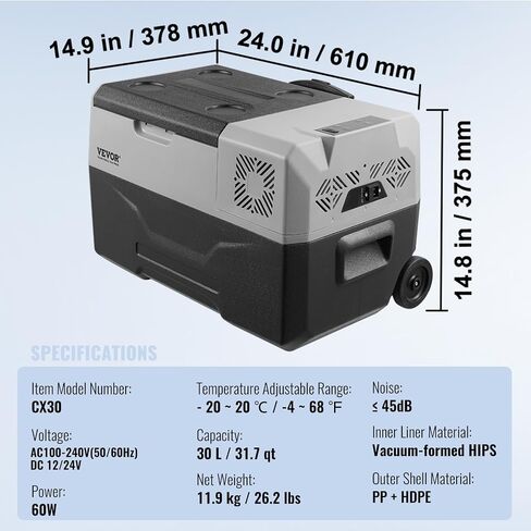 VEVOR Car Refrigerator, 12 Volt Car Refrigerator Fridge, 30 L Single Zone Portable Freezer with Wheels and Handle, -4℉-68℉, 12/24V DC and 100-240V AC Compressor Cooler for Outdoor, Camping in Saudi Arabia