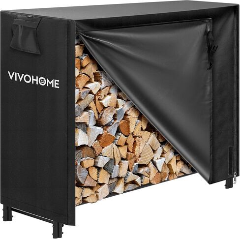 VIVOHOME 8ft رف سجل تخزين الحطب شديد التحمل للاستخدام الداخلي والخارجي مع مجموعة غطاء كومبو باللون الأسود in Kuwait