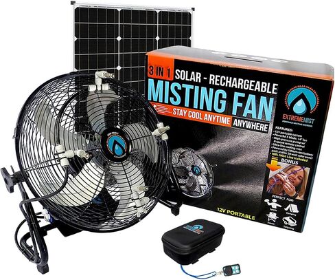 EXTREMEMIST 14" Solar Powered Misting Fan – 3 Mister Nozzles, 20W Solar Panel | Detachable Pump with 16ft. Misting Line | Perfect for Outdoors, Camping, Tailgating - Cools the air up to 30°F (17°C) in Kuwait