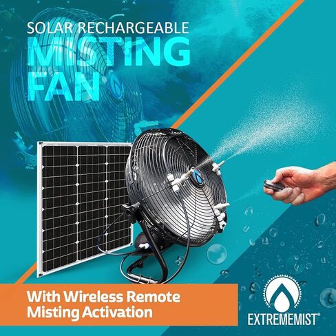 EXTREMEMIST 14" Solar Powered Misting Fan – 3 Mister Nozzles, 20W Solar Panel | Detachable Pump with 16ft. Misting Line | Perfect for Outdoors, Camping, Tailgating - Cools the air up to 30°F (17°C) in Kuwait