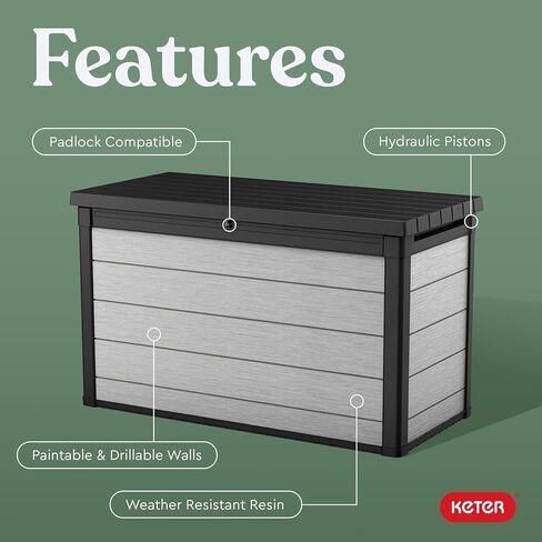 Keter Denali 30 Gallon Resin Deck Box for Patio Furniture, Pool Accessories, and Storage for Outdoor Toys, Grey/Black in Saudi Arabia