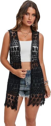 GLEAMISS Women's Crochet Floral Vest Lace Trim Boho Sleeveless Cardigan in Saudi Arabia