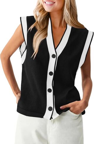 Saodimallsu Womens V Neck Sweater Vest Button Down Cap Sleeve Summer Trendy Color Block Loose Knit Tank Tops in Saudi Arabia