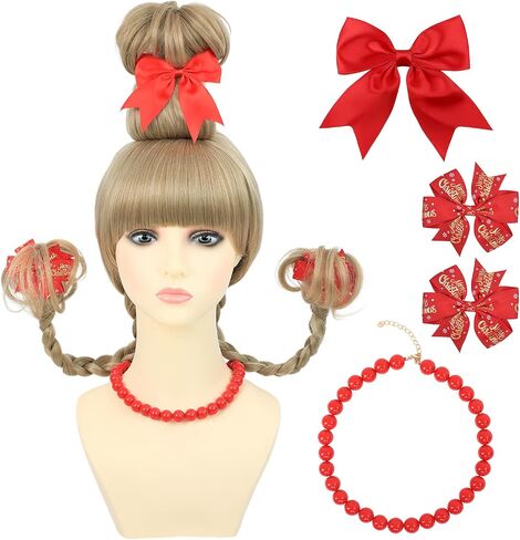 AMZCOS Christmas Cindy Costume Wig for Kids Girls Blonde Braided Synthetic Wig with Red Bow Hair Clip and Necklace for Halloween Christmas Celebration Party in Kuwait