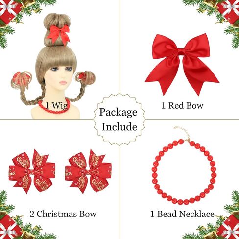AMZCOS Christmas Cindy Costume Wig for Kids Girls Blonde Braided Synthetic Wig with Red Bow Hair Clip and Necklace for Halloween Christmas Celebration Party in Kuwait