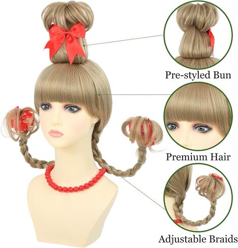 AMZCOS Christmas Cindy Costume Wig for Kids Girls Blonde Braided Synthetic Wig with Red Bow Hair Clip and Necklace for Halloween Christmas Celebration Party in Kuwait