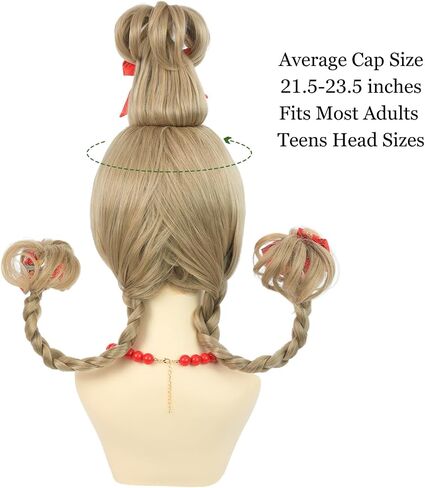 AMZCOS Christmas Cindy Costume Wig for Kids Girls Blonde Braided Synthetic Wig with Red Bow Hair Clip and Necklace for Halloween Christmas Celebration Party in Kuwait
