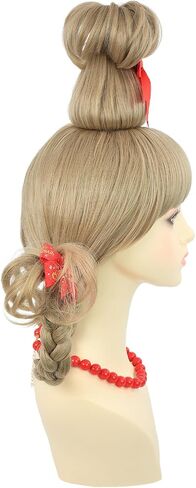 AMZCOS Christmas Cindy Costume Wig for Kids Girls Blonde Braided Synthetic Wig with Red Bow Hair Clip and Necklace for Halloween Christmas Celebration Party in Kuwait