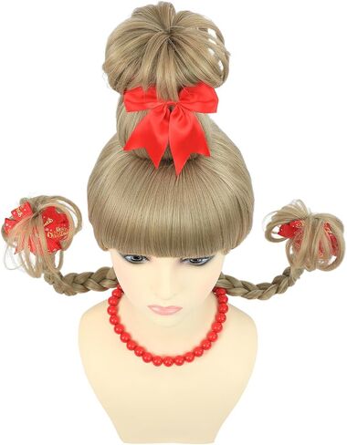 AMZCOS Christmas Cindy Costume Wig for Kids Girls Blonde Braided Synthetic Wig with Red Bow Hair Clip and Necklace for Halloween Christmas Celebration Party in Kuwait
