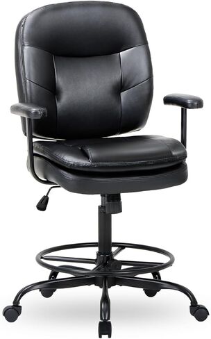 كرسي مكتب طويل من الجلد من COLAMY بوزن 275 رطل، كرسي مكتب واقف مع حلقة مسند للقدمين قابلة للتعديل، كرسي مكتب عالي الارتفاع باللون الأسود in Kuwait