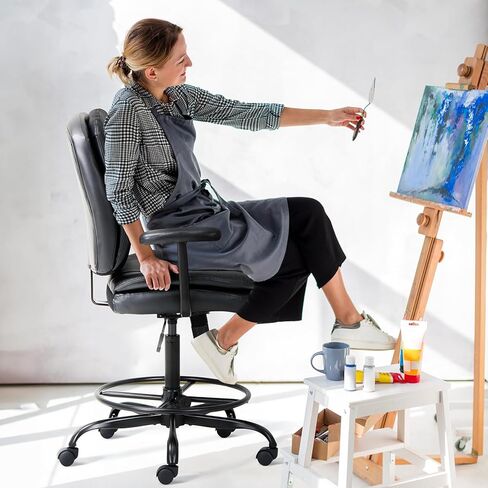 كرسي مكتب طويل من الجلد من COLAMY بوزن 275 رطل، كرسي مكتب واقف مع حلقة مسند للقدمين قابلة للتعديل، كرسي مكتب عالي الارتفاع باللون الأسود in Kuwait