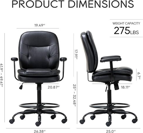 كرسي مكتب طويل من الجلد من COLAMY بوزن 275 رطل، كرسي مكتب واقف مع حلقة مسند للقدمين قابلة للتعديل، كرسي مكتب عالي الارتفاع باللون الأسود in Kuwait