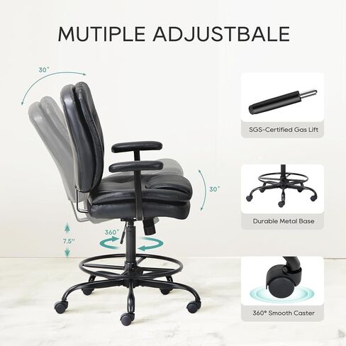 كرسي مكتب طويل من الجلد من COLAMY بوزن 275 رطل، كرسي مكتب واقف مع حلقة مسند للقدمين قابلة للتعديل، كرسي مكتب عالي الارتفاع باللون الأسود in Kuwait