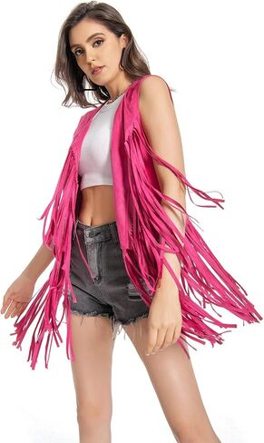Fringe Vest，Cowgirl Vest Tassel Sleeveless Hippie Vest 60s outfits for Women Western in Saudi Arabia