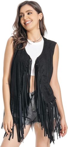 Fringe Vest，Cowgirl Vest Tassel Sleeveless Hippie Vest 60s outfits for Women Western in Saudi Arabia