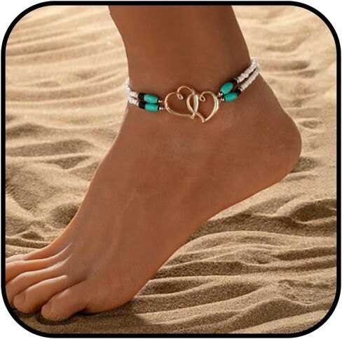 Elastic Beaded Ankle Bracelet for Women Double Hollow Hearts Stretch Anklet Double Layered Beaded Anklet Dainty Boho Beach Anklets Cute Heart Foot Jewelry for Beach Summer Wedding Dance Yoga Graduations Bridesmaids in Saudi Arabia