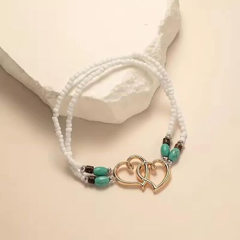 Elastic Beaded Ankle Bracelet for Women Double Hollow Hearts Stretch Anklet Double Layered Beaded Anklet Dainty Boho Beach Anklets Cute Heart Foot Jewelry for Beach Summer Wedding Dance Yoga Graduations Bridesmaids in Saudi Arabia