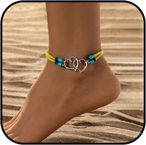 Elastic Beaded Ankle Bracelet for Women Double Hollow Hearts Stretch Anklet Double Layered Beaded Anklet Dainty Boho Beach Anklets Cute Heart Foot Jewelry for Beach Summer Wedding Dance Yoga Graduations Bridesmaids in Saudi Arabia