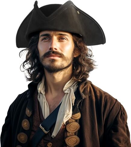 قبعة قرصان أصلية، قابلة للتعديل، نمط ثلاثي القرن، لإكسسوارات أزياء الهالوين الاستعمارية للبالغين (أسود) in Kuwait