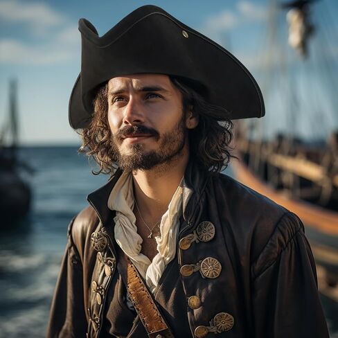 قبعة قرصان أصلية، قابلة للتعديل، نمط ثلاثي القرن، لإكسسوارات أزياء الهالوين الاستعمارية للبالغين (أسود) in Kuwait