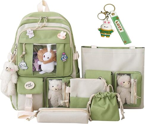 حقيبة ظهر Kawaii مكونة من 5 قطع، حقيبة رياضية جمالية مقاس 17 بوصة مع حقيبة ظهر لطيفة، وحقيبة كتف، وصندوق أقلام رصاص، وحقيبة حمل، وحقيبة صغيرة (حقيبة ظهر خضراء) in Kuwait