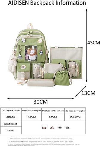 حقيبة ظهر Kawaii مكونة من 5 قطع، حقيبة رياضية جمالية مقاس 17 بوصة مع حقيبة ظهر لطيفة، وحقيبة كتف، وصندوق أقلام رصاص، وحقيبة حمل، وحقيبة صغيرة (حقيبة ظهر خضراء) in Kuwait