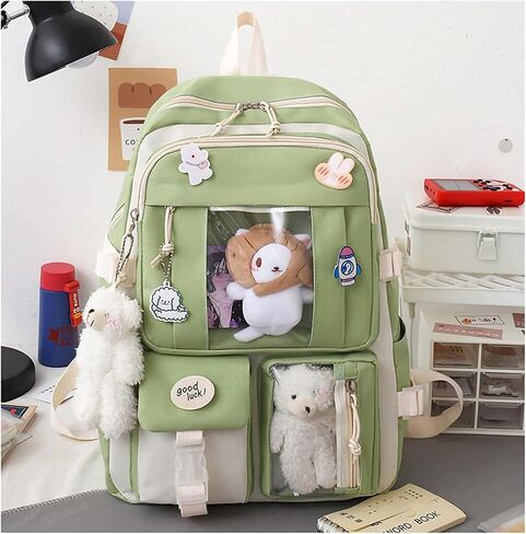 حقيبة ظهر Kawaii مكونة من 5 قطع، حقيبة رياضية جمالية مقاس 17 بوصة مع حقيبة ظهر لطيفة، وحقيبة كتف، وصندوق أقلام رصاص، وحقيبة حمل، وحقيبة صغيرة (حقيبة ظهر خضراء) in Kuwait