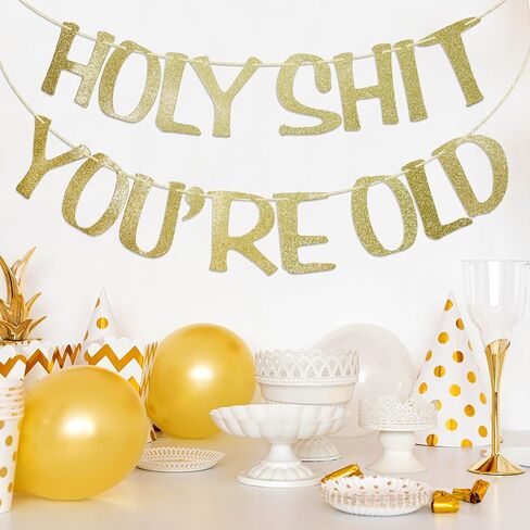 Holy Shit You're Old Banner Black Glitter for 30th 40th 50h 60th 70th 80th 90th Funny Birthday Banner Sign Bunting Party Decor Photo Booth Props (Black) in Kuwait