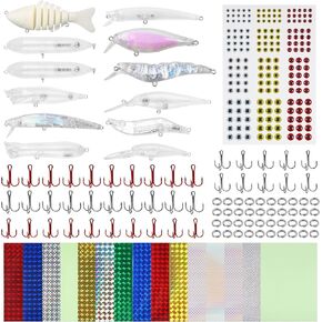 Unpainted Fishing Lures Making Kit, 286pcs DIY Blank Crankbaits Minnow Hard Bait Set with Treble Hooks,Split Rings,3D Eyes,Fishing Lure Stickers Pliers DIY Fishing Tackle