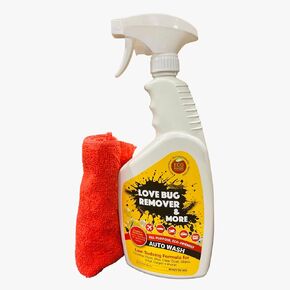 Love Bug Car Remover Spray and Auto Wash. Multi-Surface Remover and Wash Bird Poop, Tar, Sap, Bugs and More. Interior & Exterior Car Detailing Solution. 24 oz spray bottle w/ microfiber cloth. No Chemicals