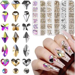 YOKE FELLOW 3D Nail Charms Nail Rhinestones, 120 Pcs Luxury Nail Art Crystals Diamonds Rhinestones Metal Alloy Glass Rhinestones Nail Decorations DIY Manicure with Storage Box for Women Girls