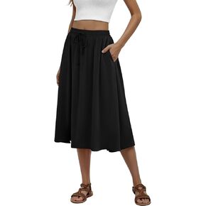 Women's Midi Skirt Summer Pleated Flowy Elastic High Waisted Skirts with Pockets