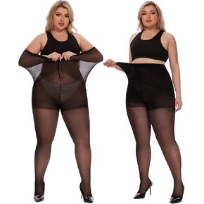 2 Pairs Plus Size Sheer Tights for Women - 20D Women's Control Top Pantyhose Reinforced Toe