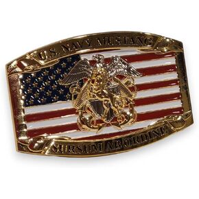 Navy Mustang Officer Custom Belt Buckle - US Military - 3D Horse Crest (Shiny Gold Color), Adult