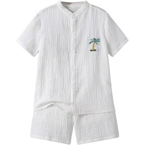 Floerns Boy's Short Sleeve Tree Print Button Down Shirts Clothing Set with Elastic Shorts