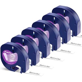 6 Pack Replacement for Dymo Label Maker Refills LetraTag Refills for Dymo 200B Plus LT100H LT100T QX50 Plastic Label Tape 16952 91331 91332 91333 91334 91335,12mm x 4m(1/2" x 13')
