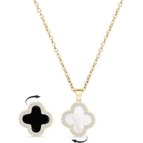 SHINYY 2 Side Crystal Clover Necklace for Women 18K Gold Plated Stainless Steel Four Leaf Lucky Pendant Black & White Cubic Zirconia Jewelry for Mother and Daughter (Gold)